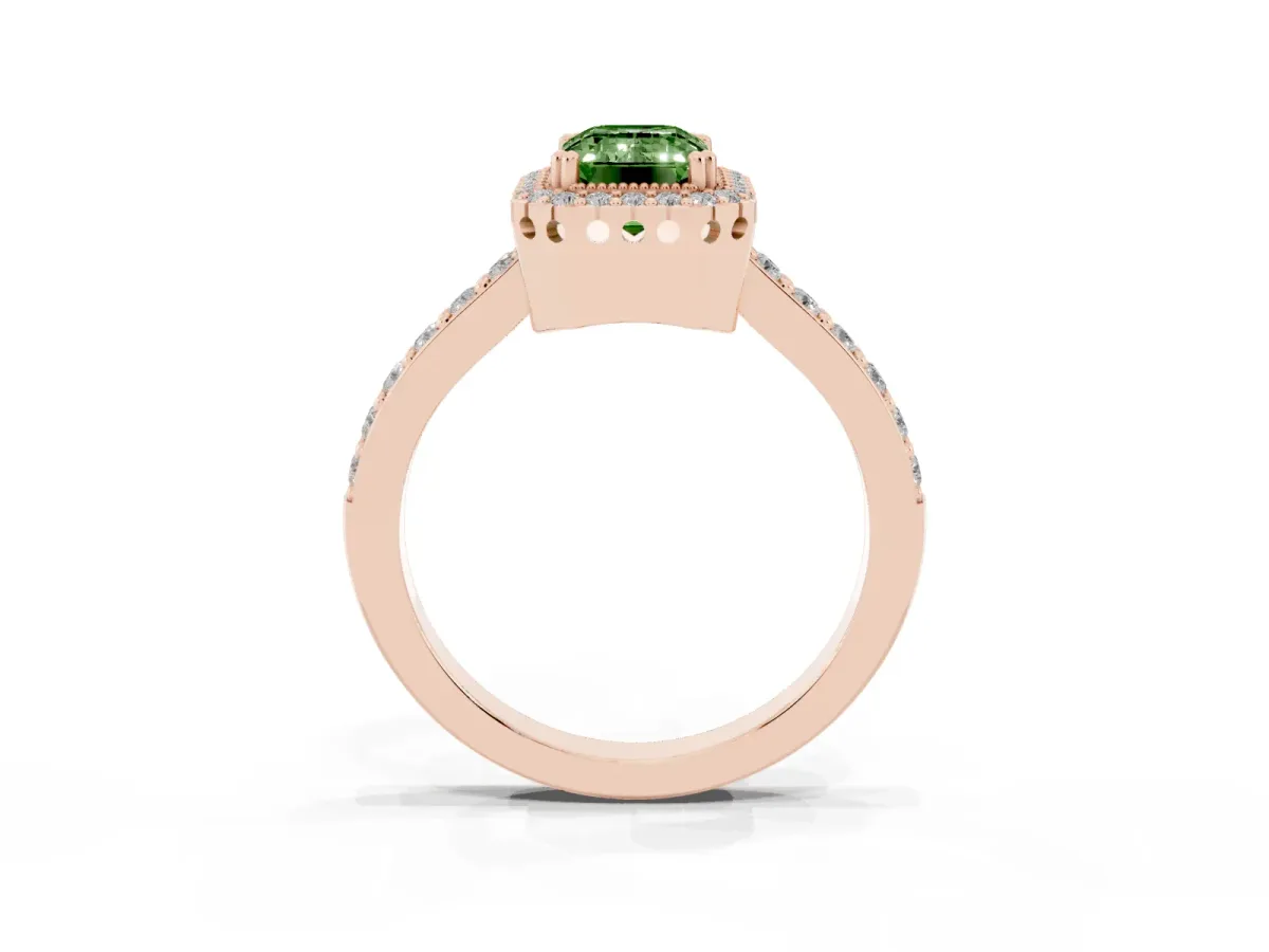 Fancy Green Emerald Cut Cut Diamond Halo Engagement Ring with Milgrain Detail and Pavé Band Rose gold