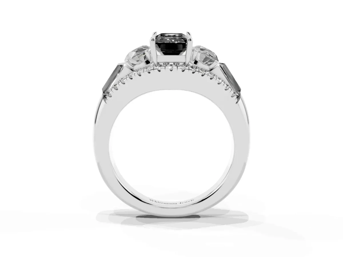 Fancy Black Three-Stone Emerald Cut Diamond Engagement Ring with Pave Band and Prong Setting Silver