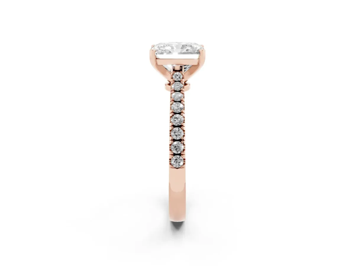 Radiant Cut Cut Solitaire Diamond Engagement Ring with Pave Band and Four-Prong Setting Rose gold