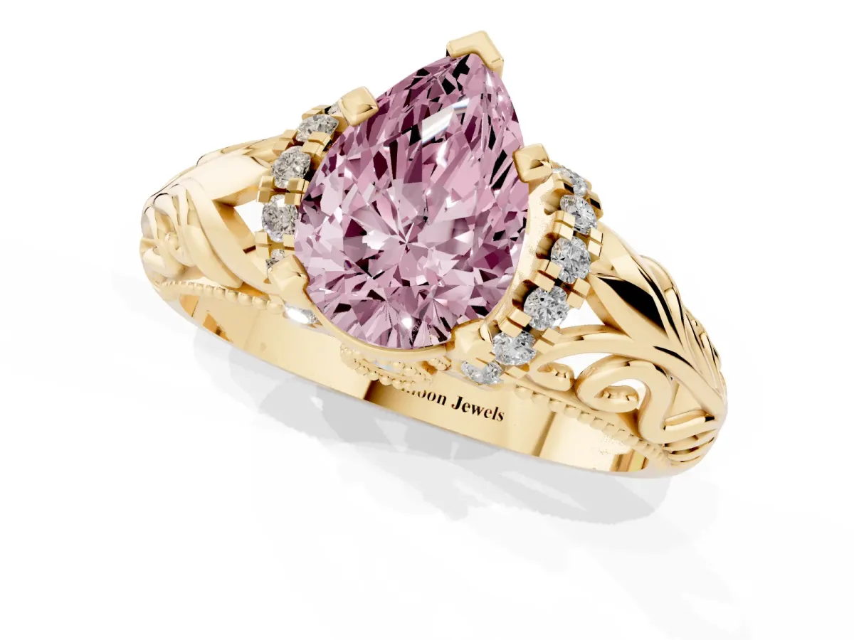 Fancy Pink Pear Cut Solitaire Filigree Engagement Ring with Halo and Prong Setting Yellow gold