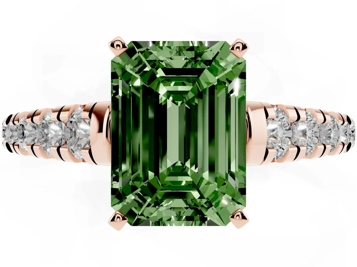 Fancy Green Emerald Cut Diamond Cathedral Solitaire Ring with Round Pavé Band Rose gold