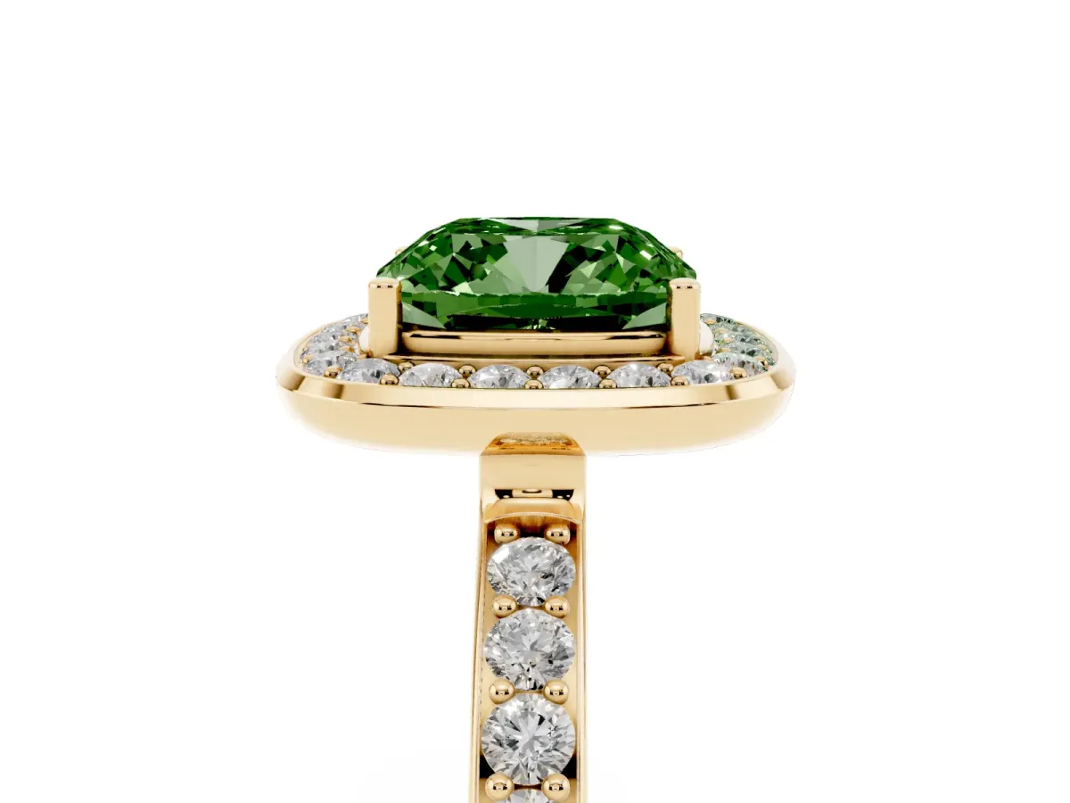 Fancy Green Cushion Cut Diamond Halo Ring with Bezel Frame and Pavé Band Yellow gold