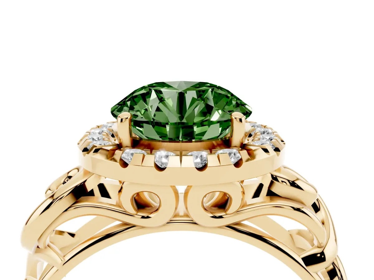 Fancy Green Round Cut Cut Halo Diamond Ring with Scrollwork Band and Four-Prong Setting Yellow gold