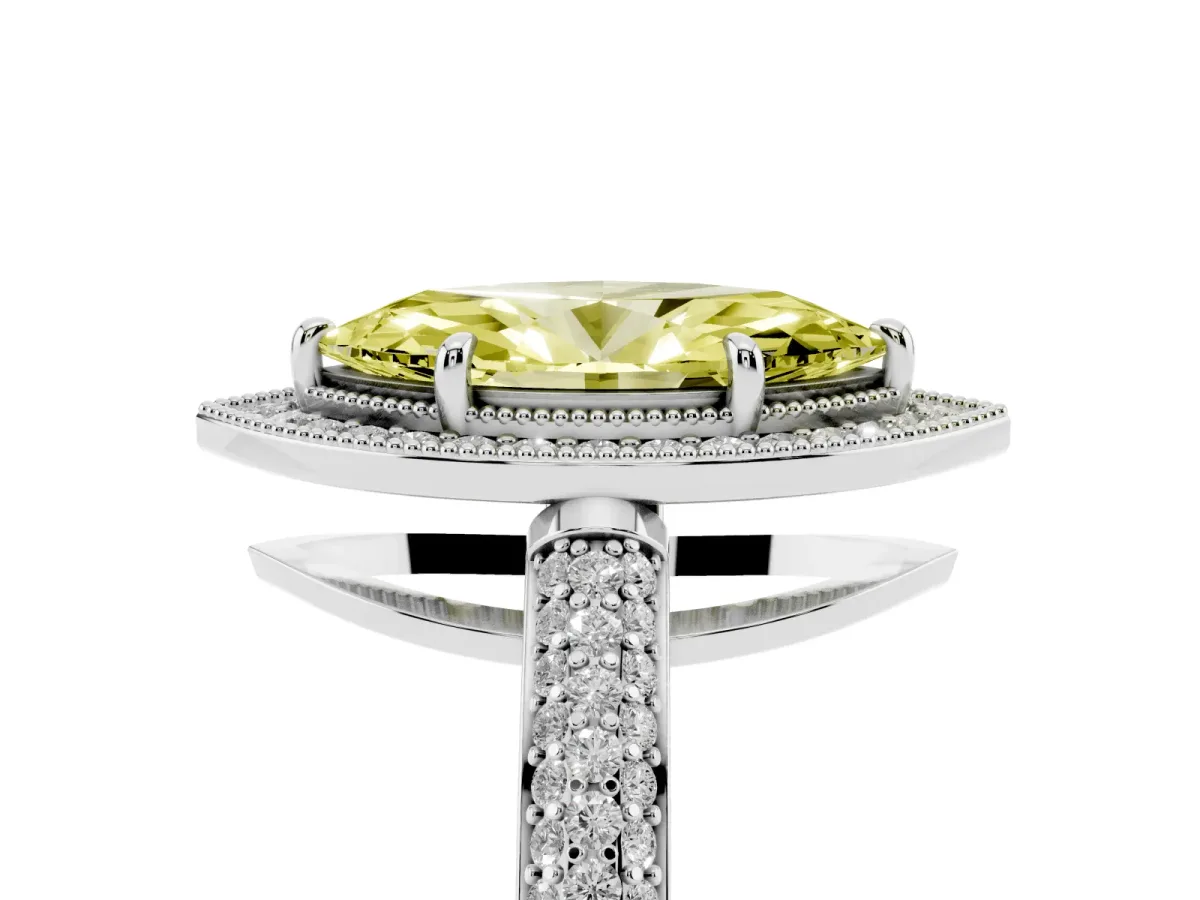 Fancy Yellow Marquise Cut Cut Halo Diamond Pave Band with Four-Prong Setting Silver