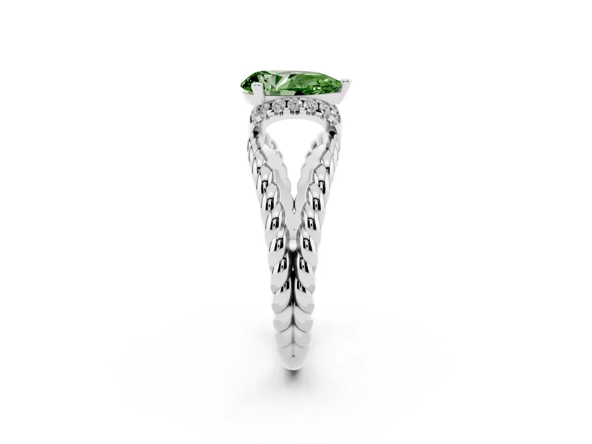 Fancy Green Pear Cut Halo Twisted Band Four-Prong Ring Silver
