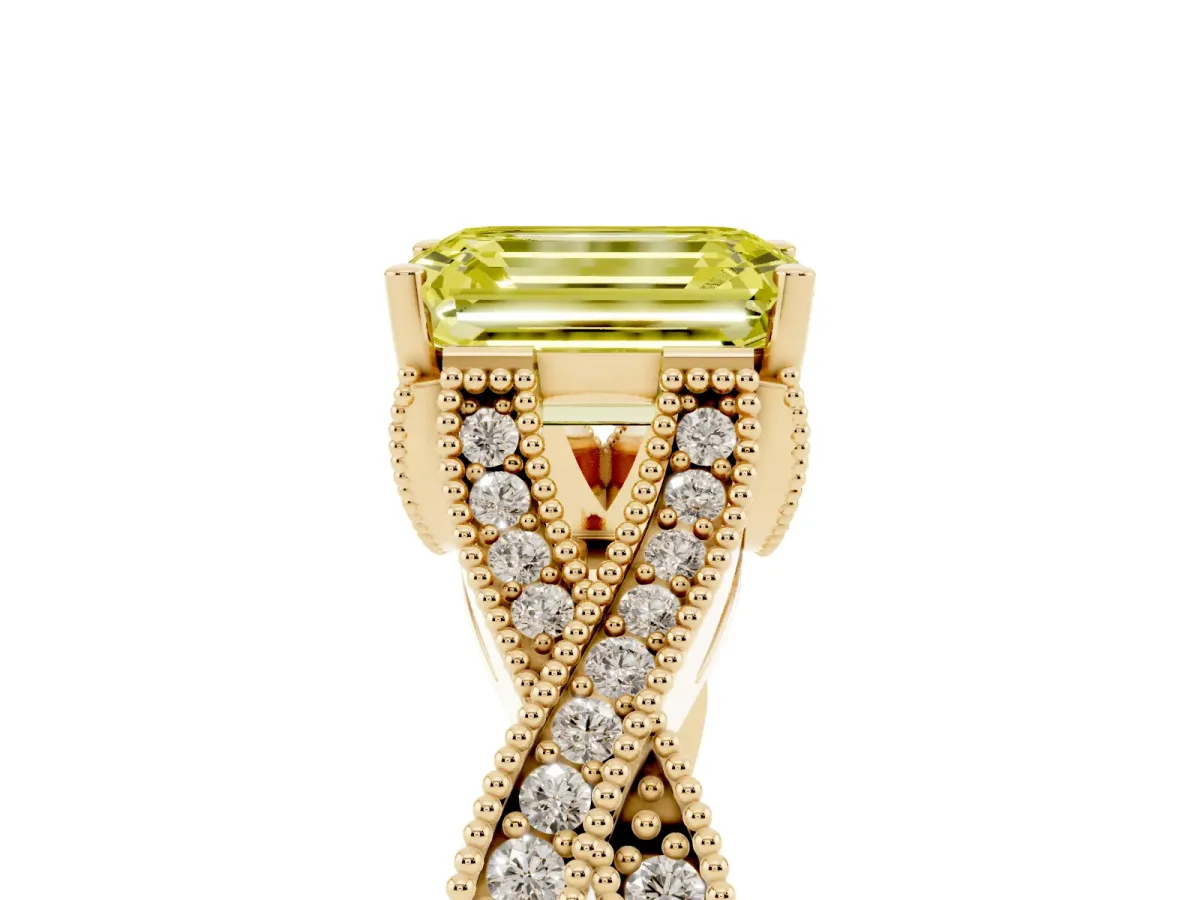 Fancy Yellow Emerald Cut Cut Diamond Twisted Band with Milgrain Pave Setting and Four-Prong Setting Yellow gold