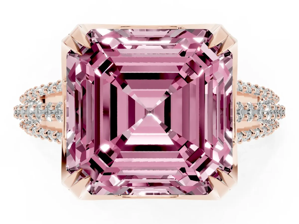 Fancy Pink Asscher Cut Solitaire Pave Split Shank Ring with Four-Prong Setting Rose gold