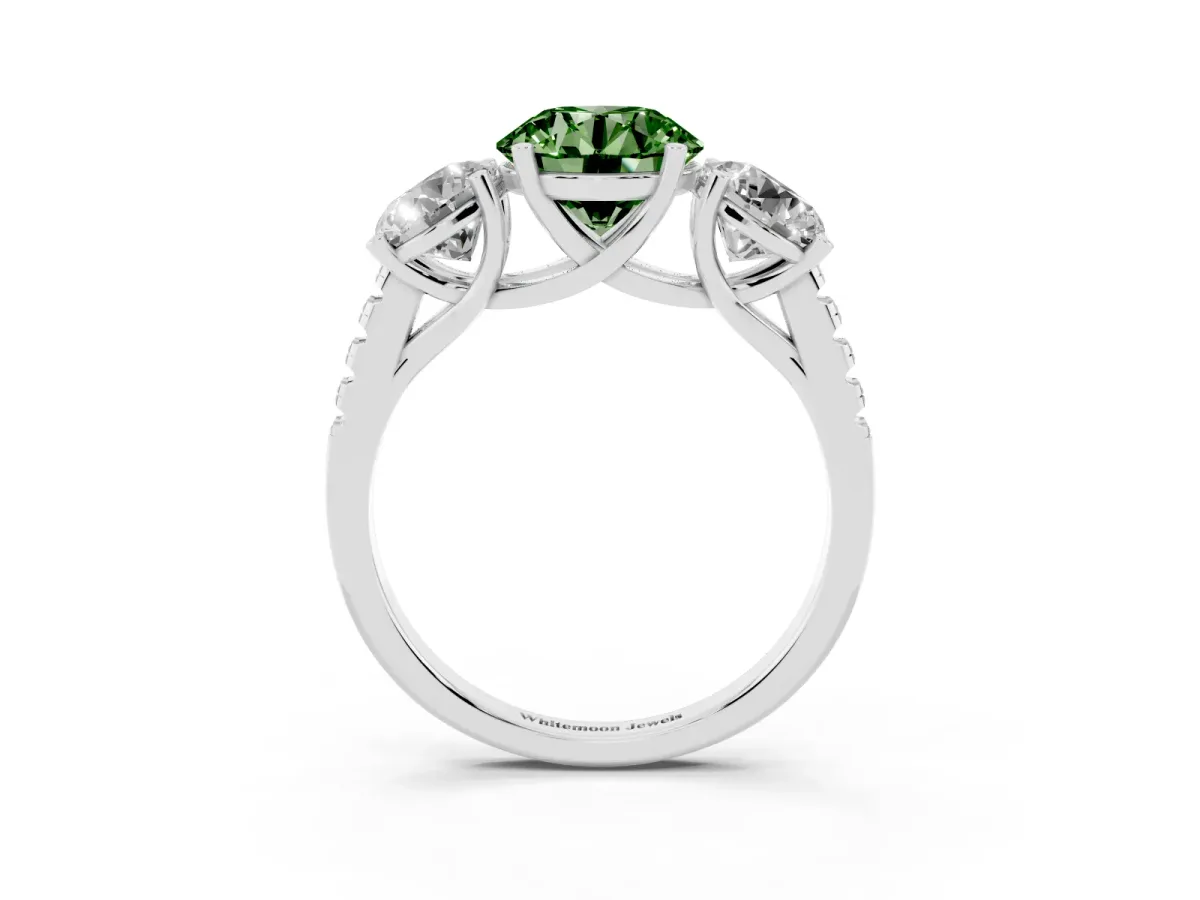 Fancy Green Three-Stone Round Cut Diamond Ring with Round Pavé Band and Prong Setting Silver