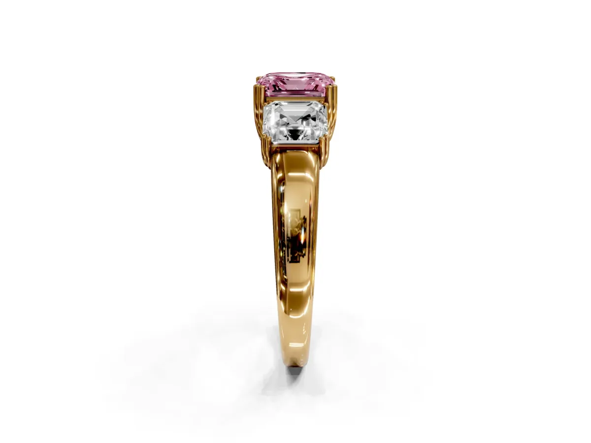 Fancy Pink Three-Stone Asscher Cut Cut Diamond Ring with Channel Set Band and Four-Prong Setting Yellow gold