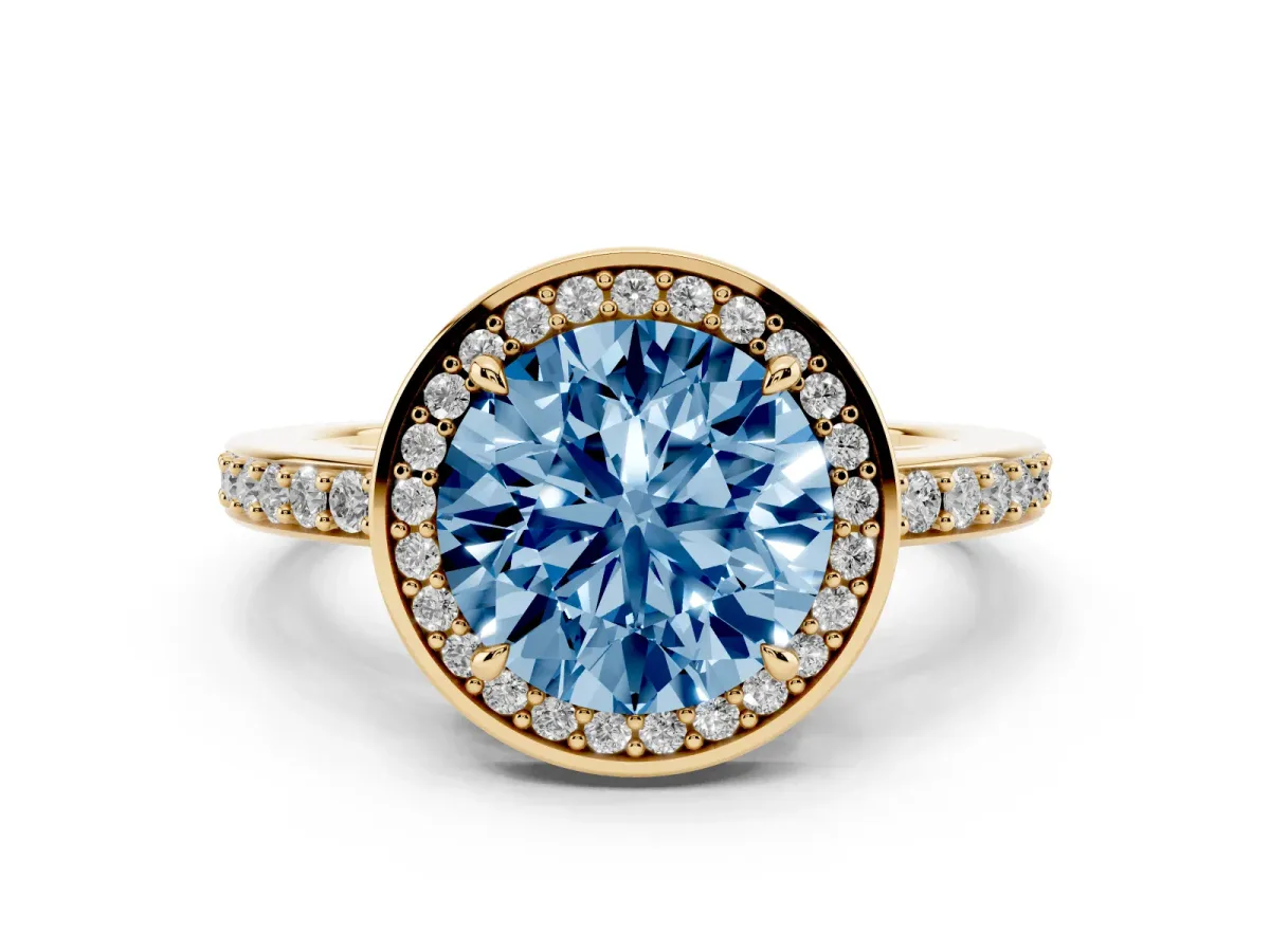 Fancy Blue Round Cut Halo Pave Band Solitaire Ring with Prong Setting Yellow gold
