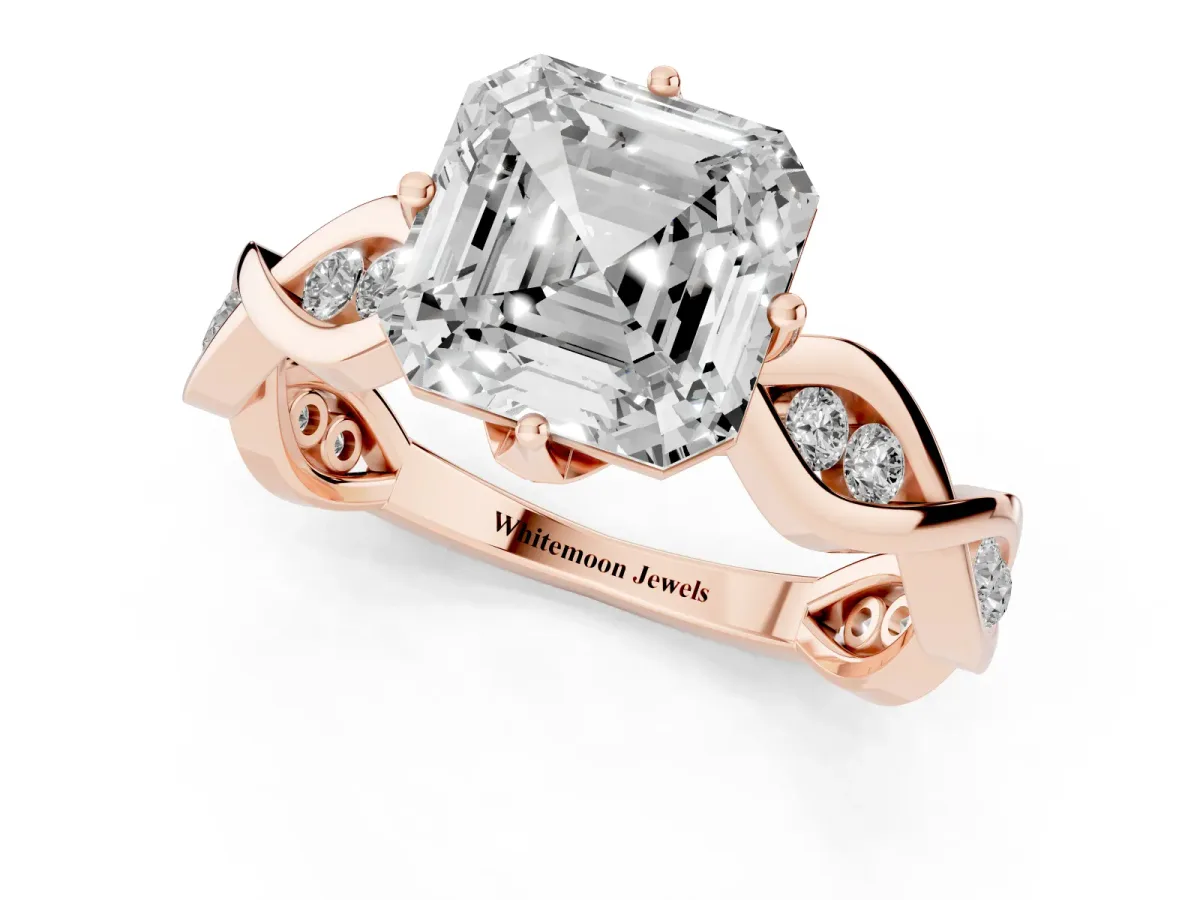 Asscher Cut Solitaire Twist Band with Leaf Prong Setting Rose gold