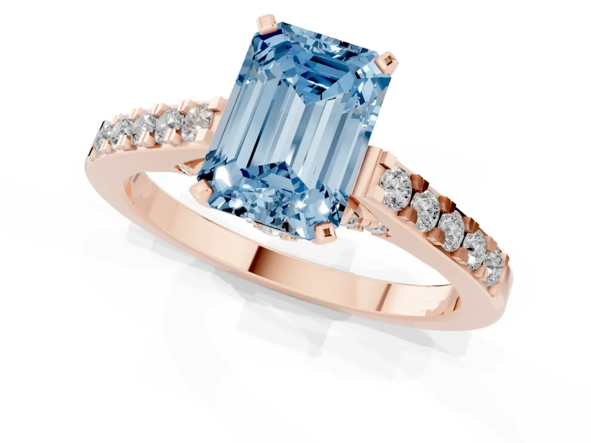 Fancy Blue Emerald Cut Diamond Solitaire Ring with Crossover Gallery and Round Pavé Band Rose gold