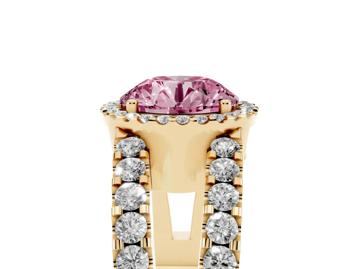 Fancy Pink Round Cut Cut Halo Split Shank Diamond Ring with Four-Prong Setting Yellow gold