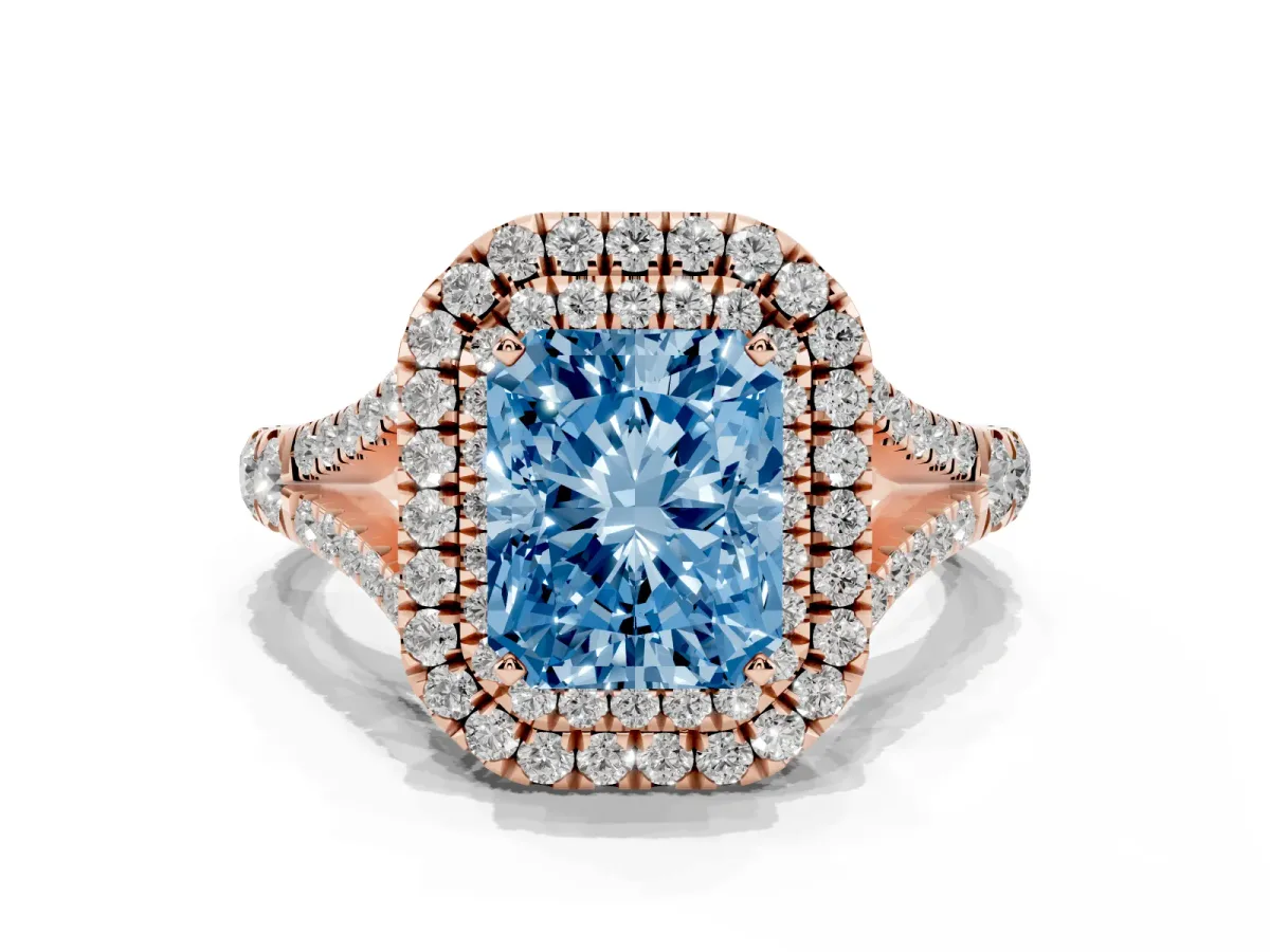 Fancy Blue Radiant Cut Diamond Pavé Split Shank Double Halo Engagement Ring Rose gold
