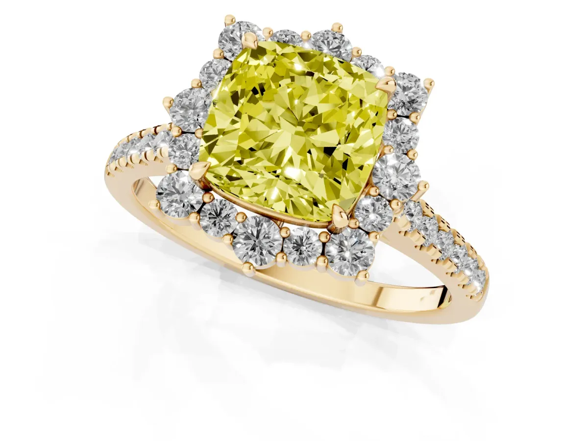 Fancy Yellow Cushion Cut Halo Diamond Ring with Pavé Band and Prong Setting Yellow gold