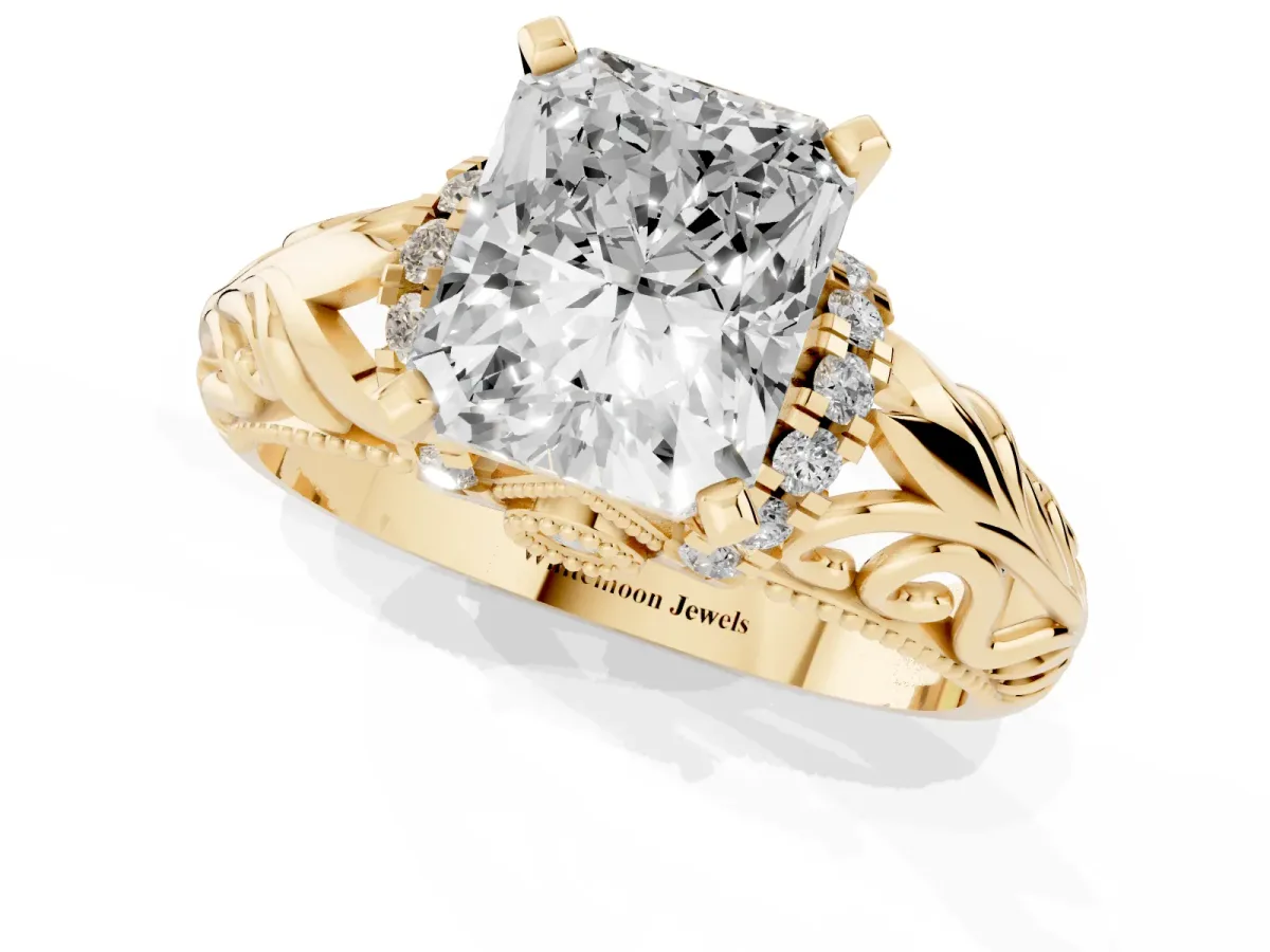 Radiant Cut Solitaire Filigree Engagement Ring with Halo and Prong Setting Yellow gold