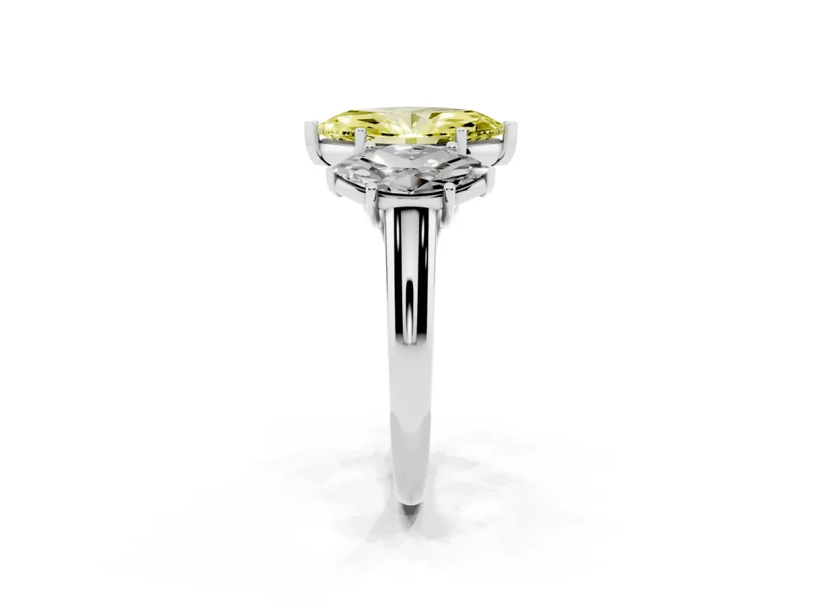 Fancy Yellow Three-Stone Marquise Cut Diamond Engagement Ring with Prong Setting Silver