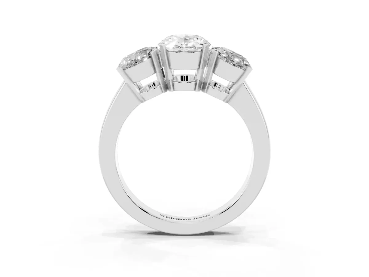 Three-Stone Oval Cut Cut Diamond Ring with Channel Set Band and Four-Prong Setting Silver