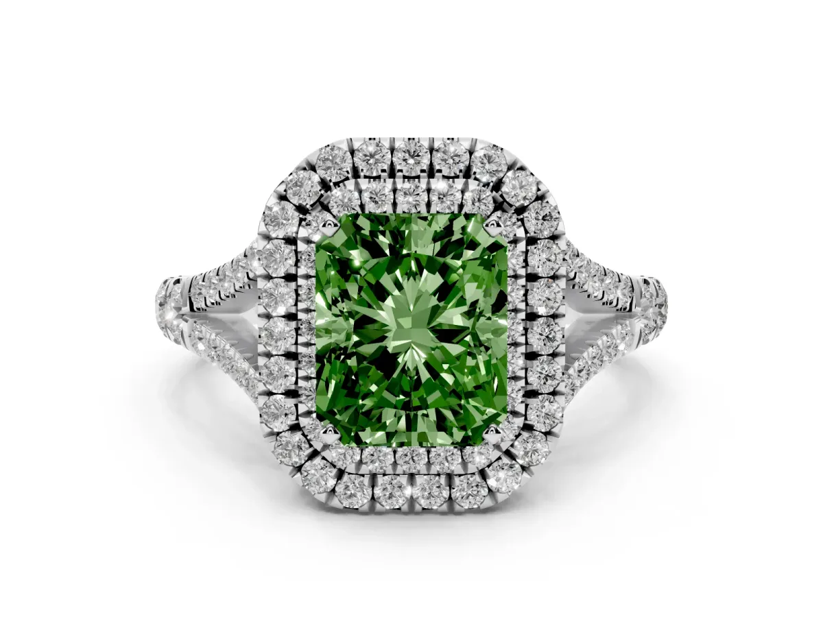 Fancy Green Double Halo Radiant Cut Diamond Split Shank Engagement Ring with Four-Prong Setting Silver