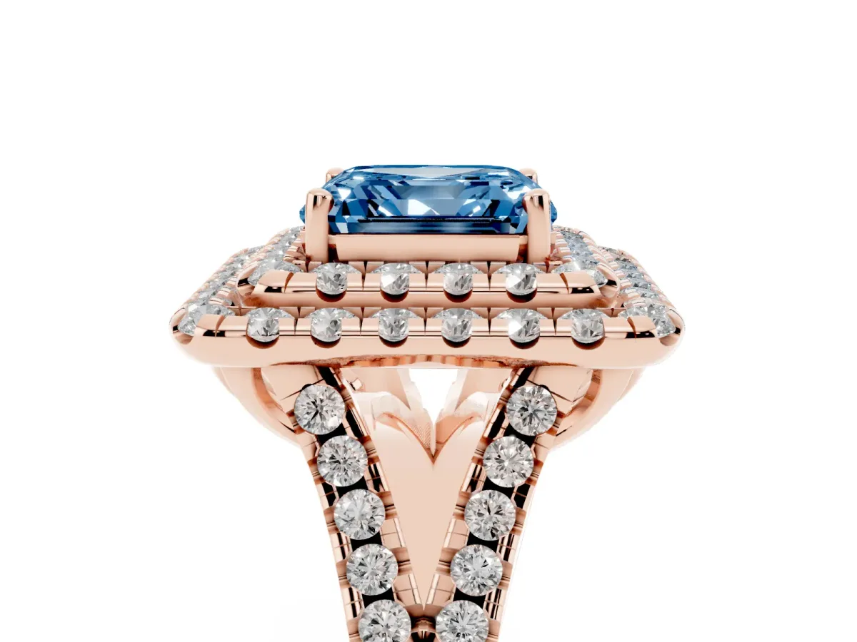 Fancy Blue Double Halo Asscher Cut Diamond Pavé Split Shank Ring with Prong Setting Rose gold