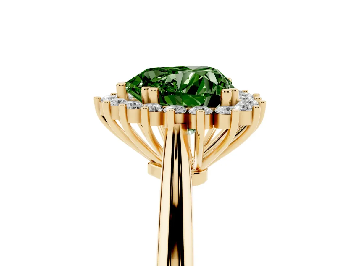 Fancy Green Heart Cut Cut Diamond Halo Ring with Solitaire Band and Prong Setting Yellow gold