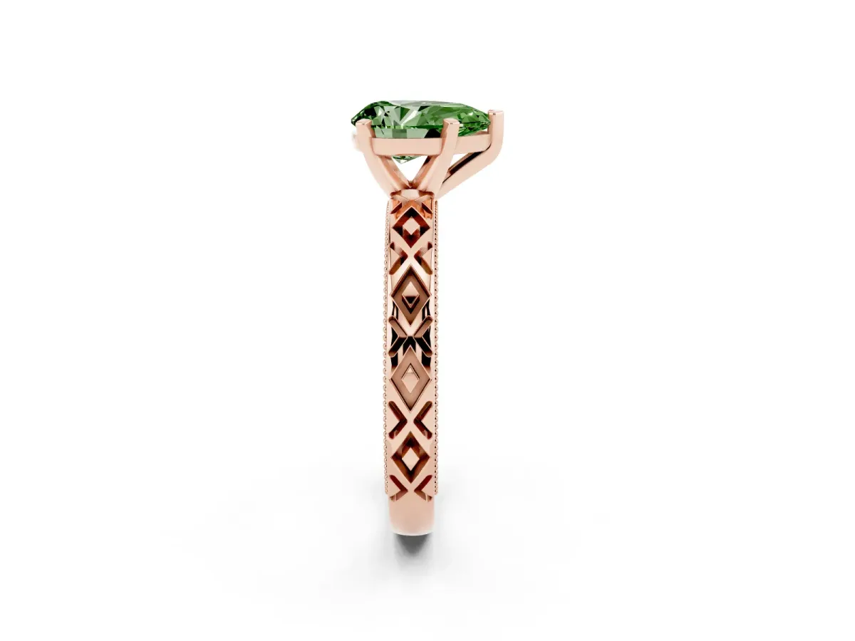 Fancy Green Pear Cut Solitaire Diamond Ring with Milgrain and Black Enamel X Pattern Band Rose gold