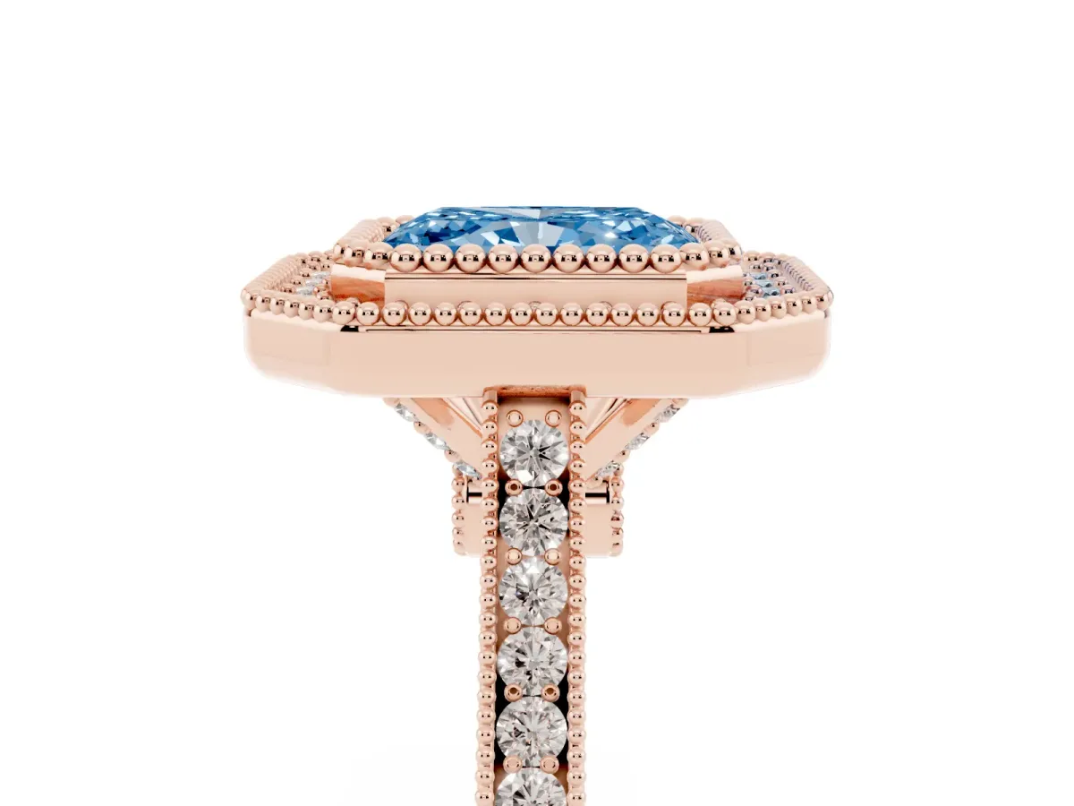 Fancy Blue Radiant Cut Diamond Halo Ring with Milgrain Frame and Pavé Band Rose gold