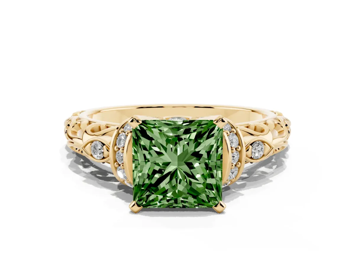 Fancy Green Princess Cut Diamond Solitaire Ring with Filigree Band and Four-Prong Setting Yellow gold