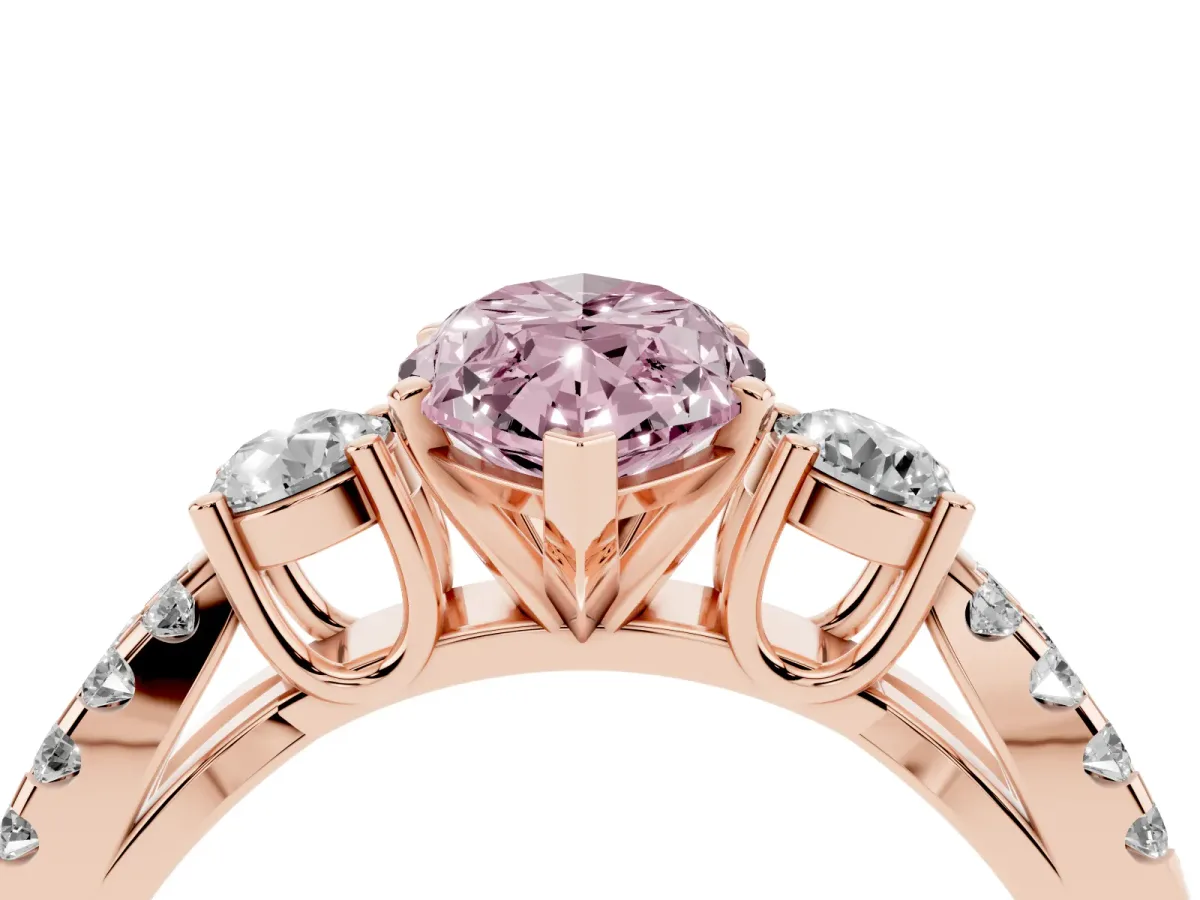 Fancy Pink Marquise Cut Diamond Three-Stone Ring with Pavé Split Shank and Four-Prong Setting Rose gold