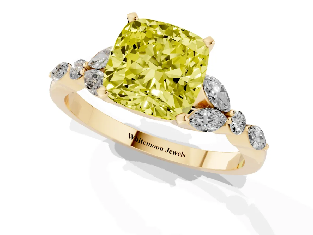 Fancy Yellow Cushion Cut Diamond Solitaire Ring with Side Stones and Four-Prong Setting Yellow gold