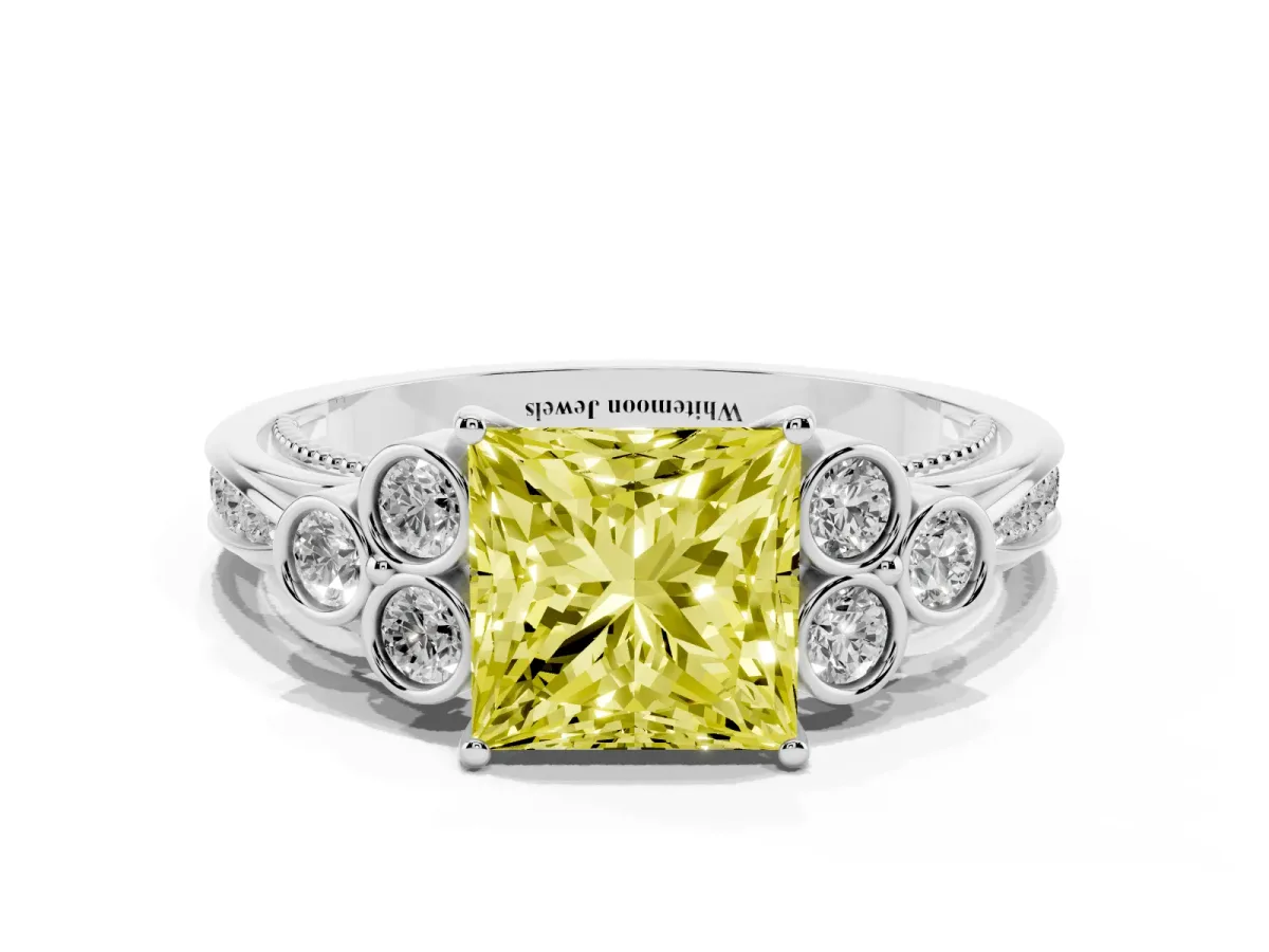 Fancy Yellow Princess Cut Cut Diamond Engagement Ring with Bezel Set Round Side Stones and Prong Setting Silver
