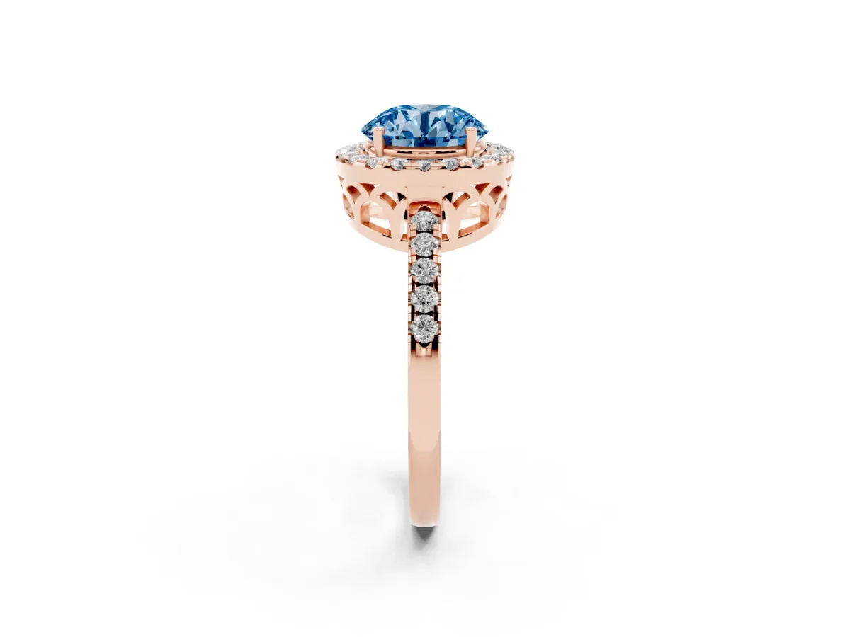 Fancy Blue Round Cut Halo Diamond Engagement Ring with Pavé Band and Four-Prong Setting Rose gold