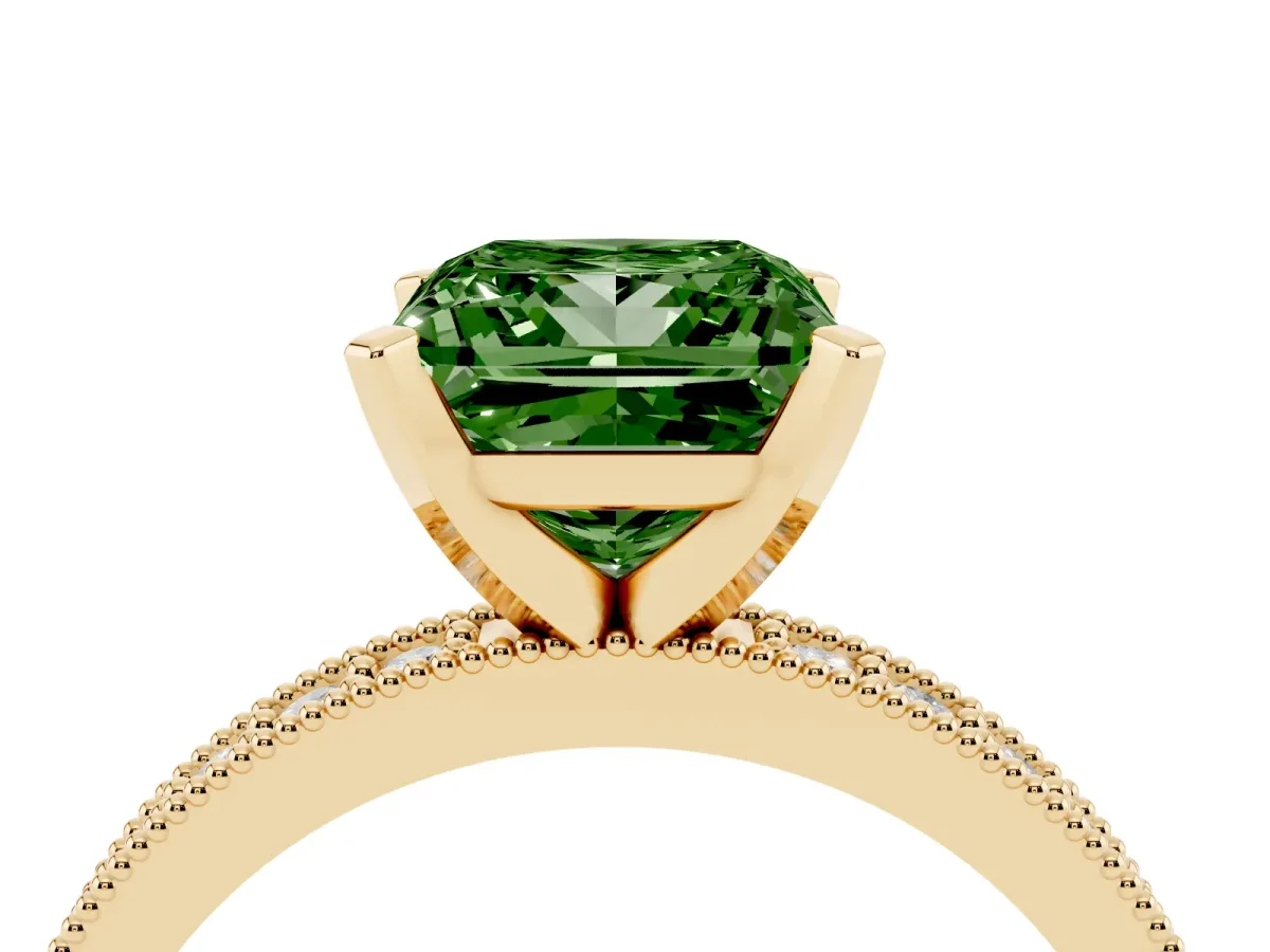 Fancy Green Princess Cut Diamond Milgrain Pavé Engagement Ring with Four-Prong Setting Yellow gold