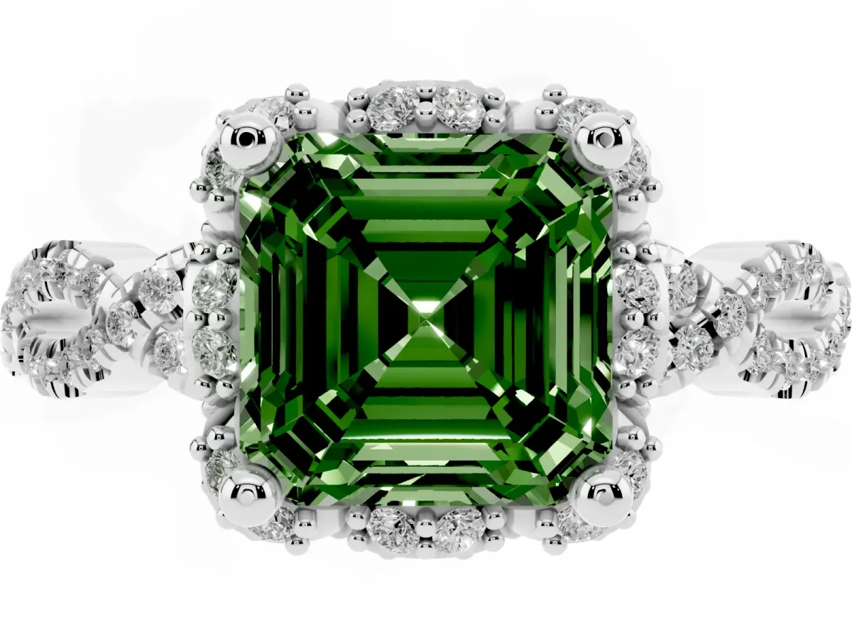 Fancy Green Asscher Cut Halo Twist Band Solitaire Ring with Six-Prong Setting Silver