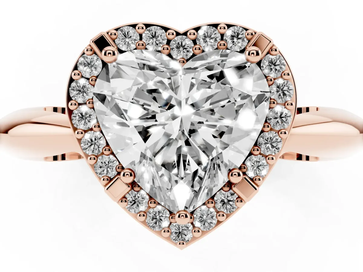 Heart Cut Cut Diamond Halo Engagement Ring with Split Shank and Four-Prong Setting Rose gold