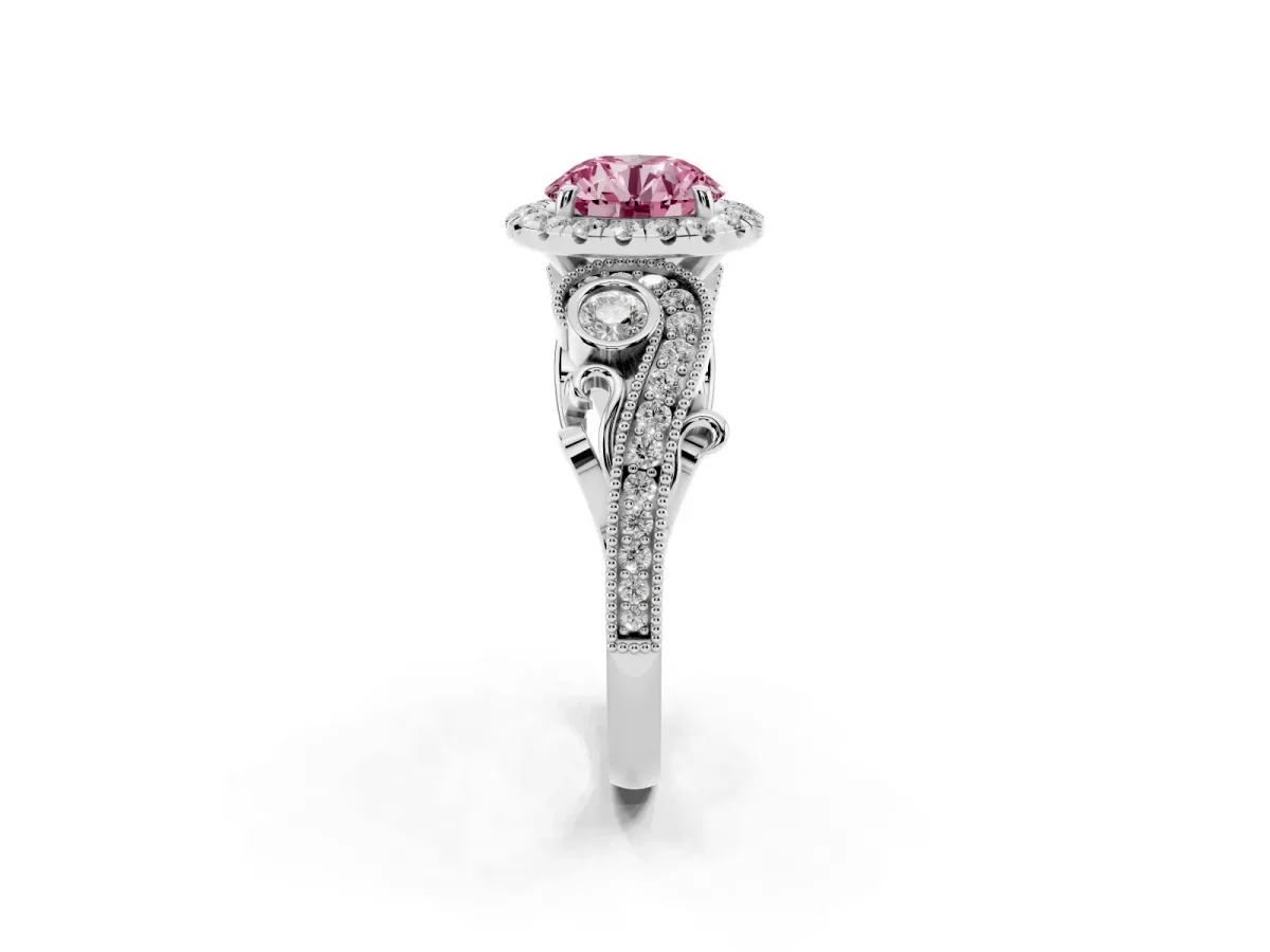 Fancy Pink Round Cut Diamond Halo Ring with Milgrain Pavé Band and Four-Prong Setting Silver