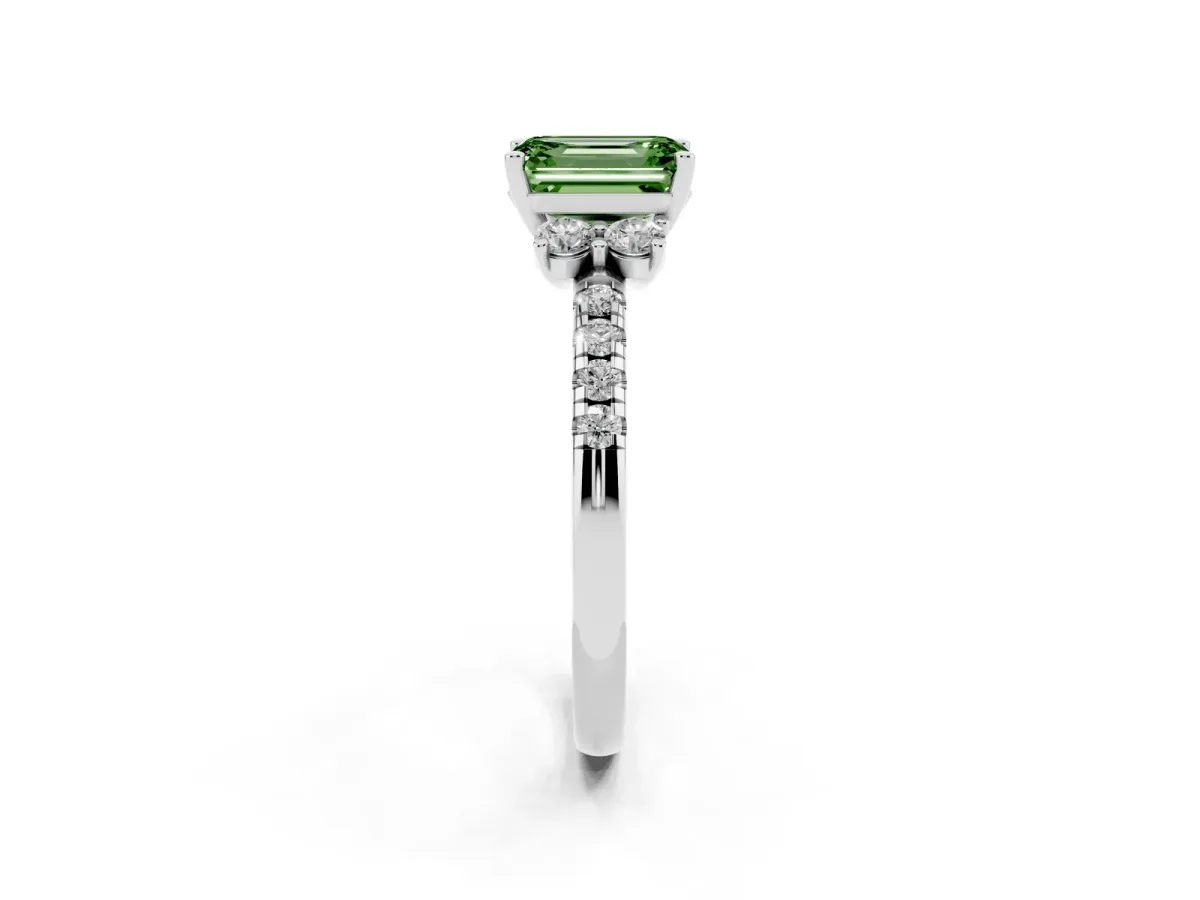 Fancy Green Emerald Cut Diamond Three-Stone Pave Band with Four-Prong Setting Silver