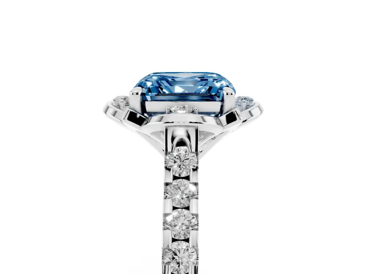 Fancy Blue Asscher Cut Diamond Ring with Pavé Band and Floral Prong Setting Silver
