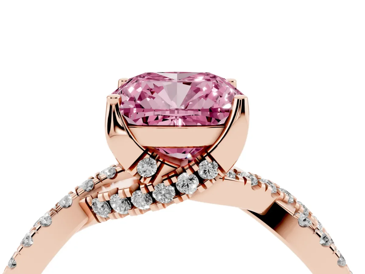 Fancy Pink Cushion Cut Solitaire Twist Pave Diamond Engagement Ring with Prong Setting Rose gold