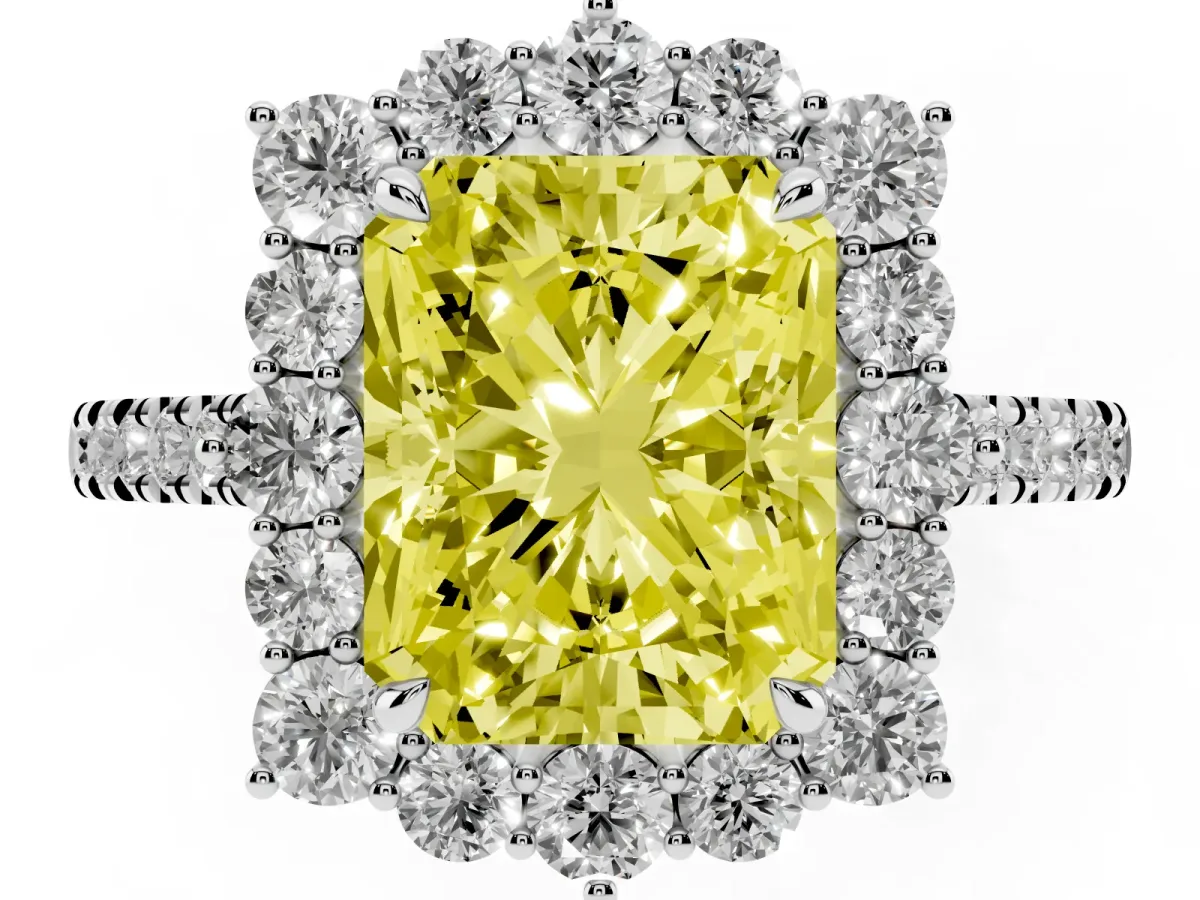 Fancy Yellow Radiant Cut Halo Diamond Ring with Pavé Band and Prong Setting Platinum