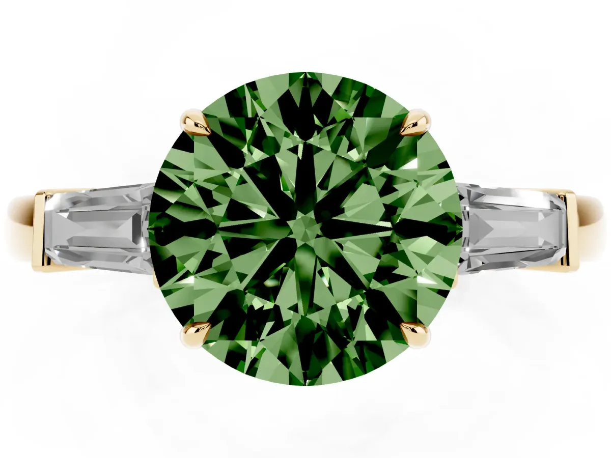 Fancy Green Round Cut Diamond Three-Stone Ring with Tapered Baguette Side Stones and Prong Setting Yellow gold