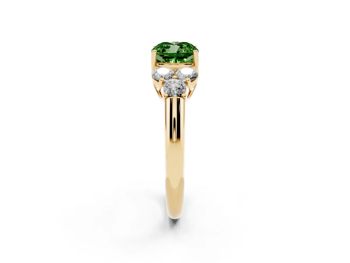 Fancy Green Cushion Cut Cut Diamond Cluster Ring with Round Accent Stones and Prong Setting on a Classic Band Yellow gold