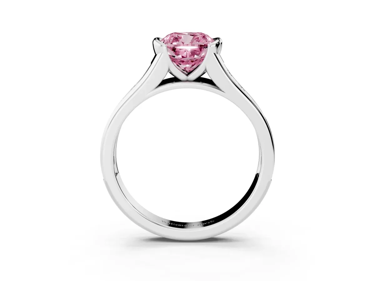 Fancy Pink Cushion Cut Solitaire Bezel-Set Diamond Ring with Channel-Set Band Silver