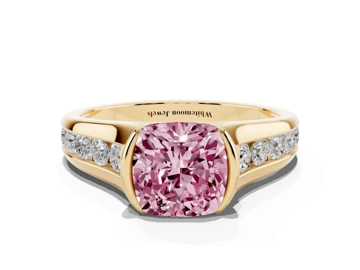 Fancy Pink Cushion Cut Solitaire Bezel-Set Diamond Ring with Channel-Set Band Yellow gold