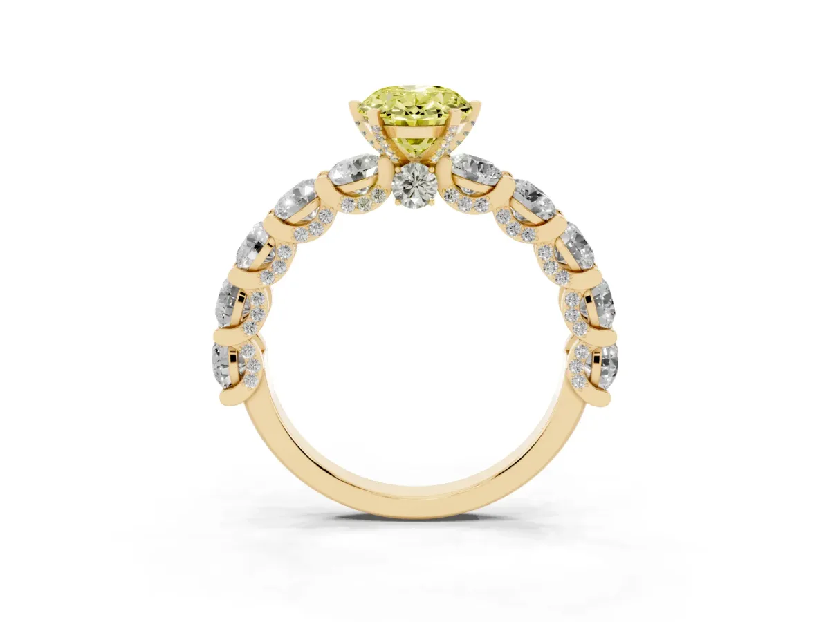 Fancy Yellow Oval Cut Diamond Side Stone Engagement Ring with Four-Prong Setting Yellow gold