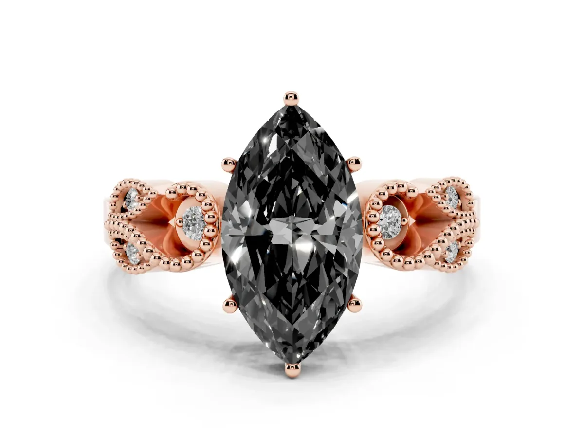 Fancy Black Marquise Cut Solitaire Milgrain Leaf Band with Prong Setting Rose gold