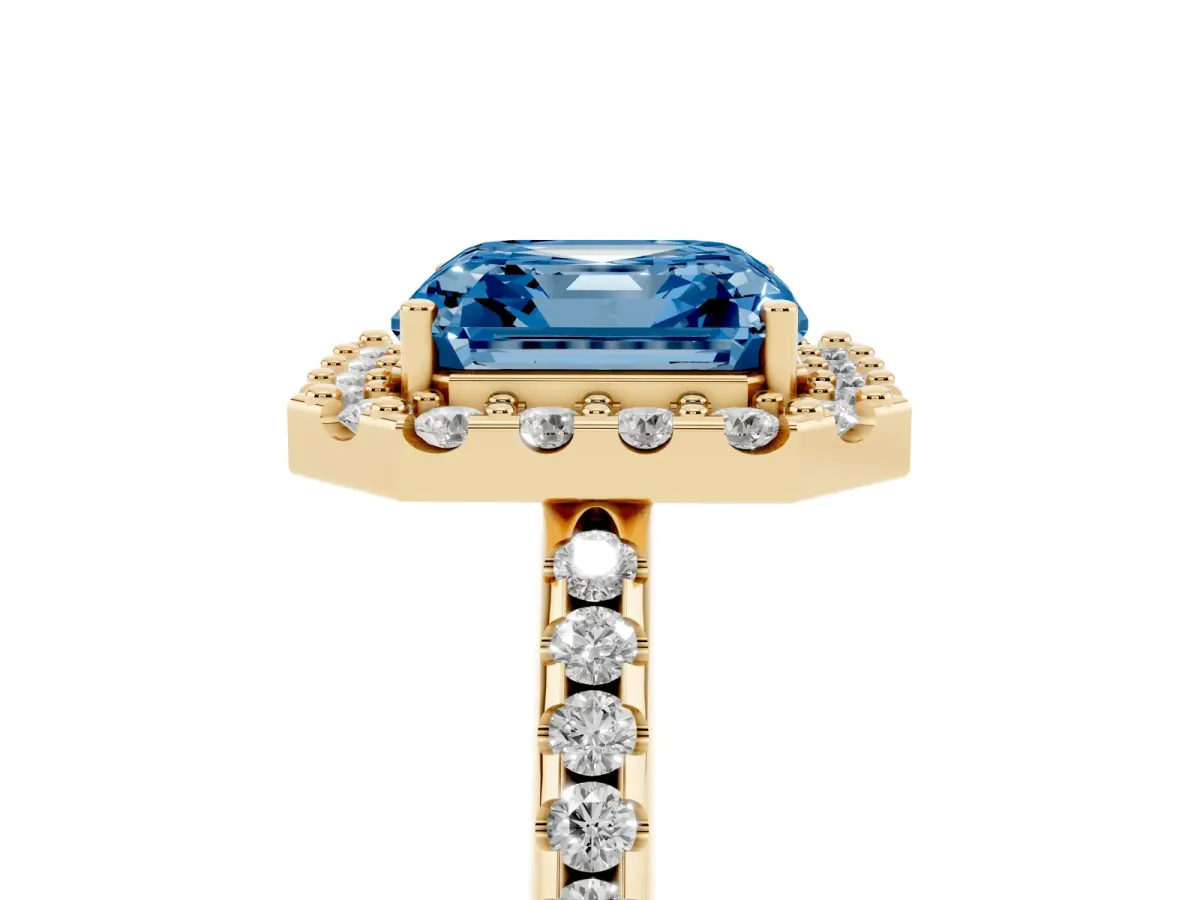 Fancy Blue Asscher Cut Diamond Pavé Halo Ring with Four-Prong Setting Yellow gold