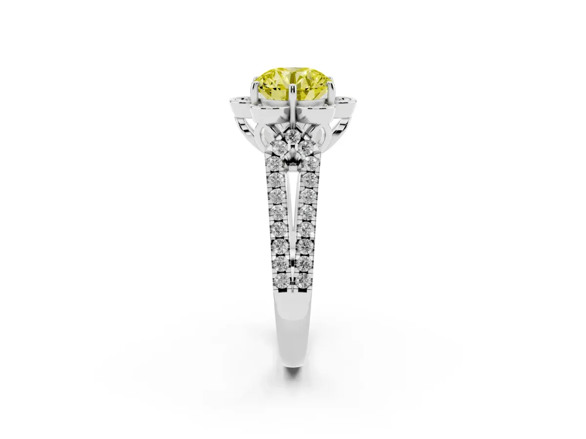 Fancy Yellow Round Cut Halo Diamond Floral Split Shank Engagement Ring Platinum