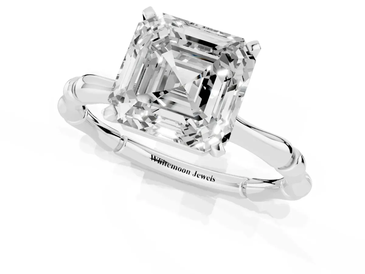 Asscher Cut Solitaire Diamond Ring with Bamboo Band and Four-Prong Setting Silver