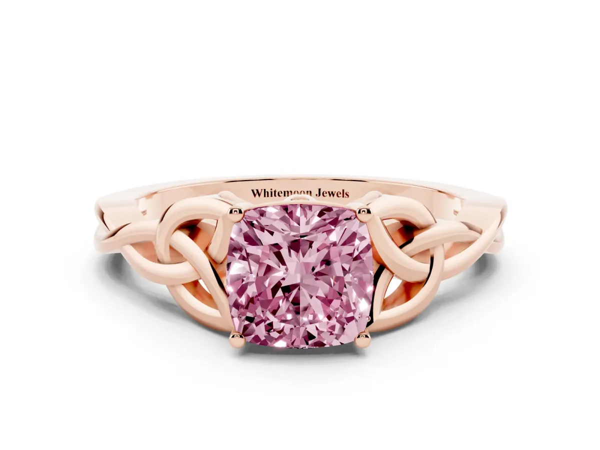 Fancy Pink Cushion Cut Diamond Solitaire Engagement Ring with Celtic Knot Band and Four-Prong Setting Rose gold